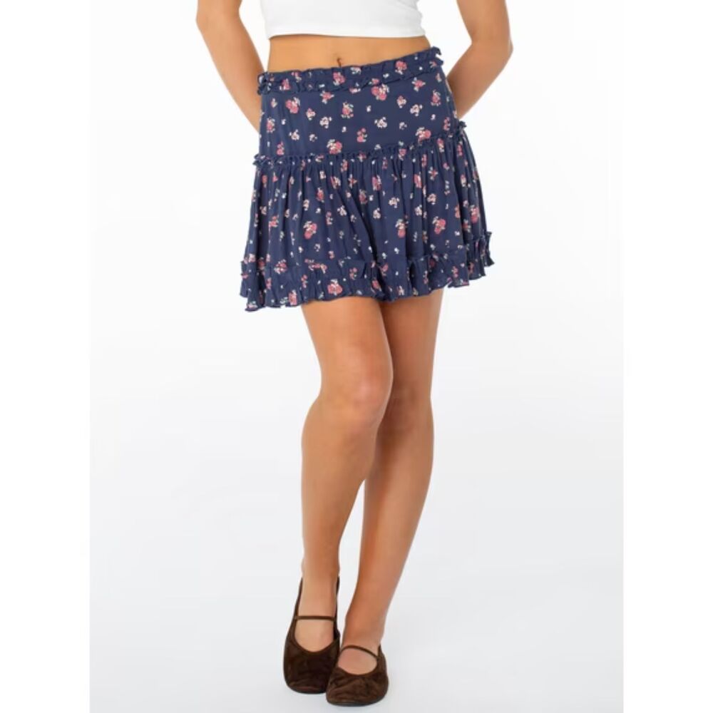 Celebrity Pink Floral Ruffle Trim Mini Skirt Blue Pink Size XS NWT